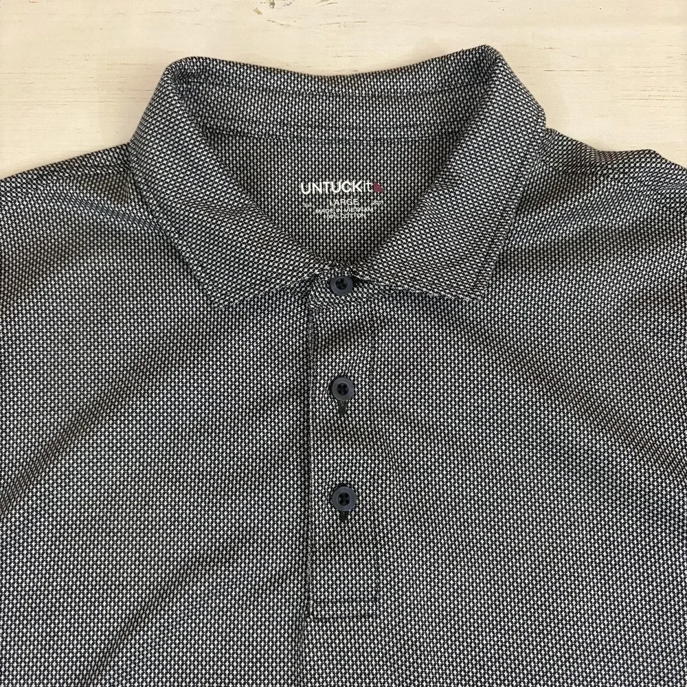 UNTUCKit Polo Shirt Mens L Damaschino Gray Diamond Birdseye Long Sleeve Reg Fit